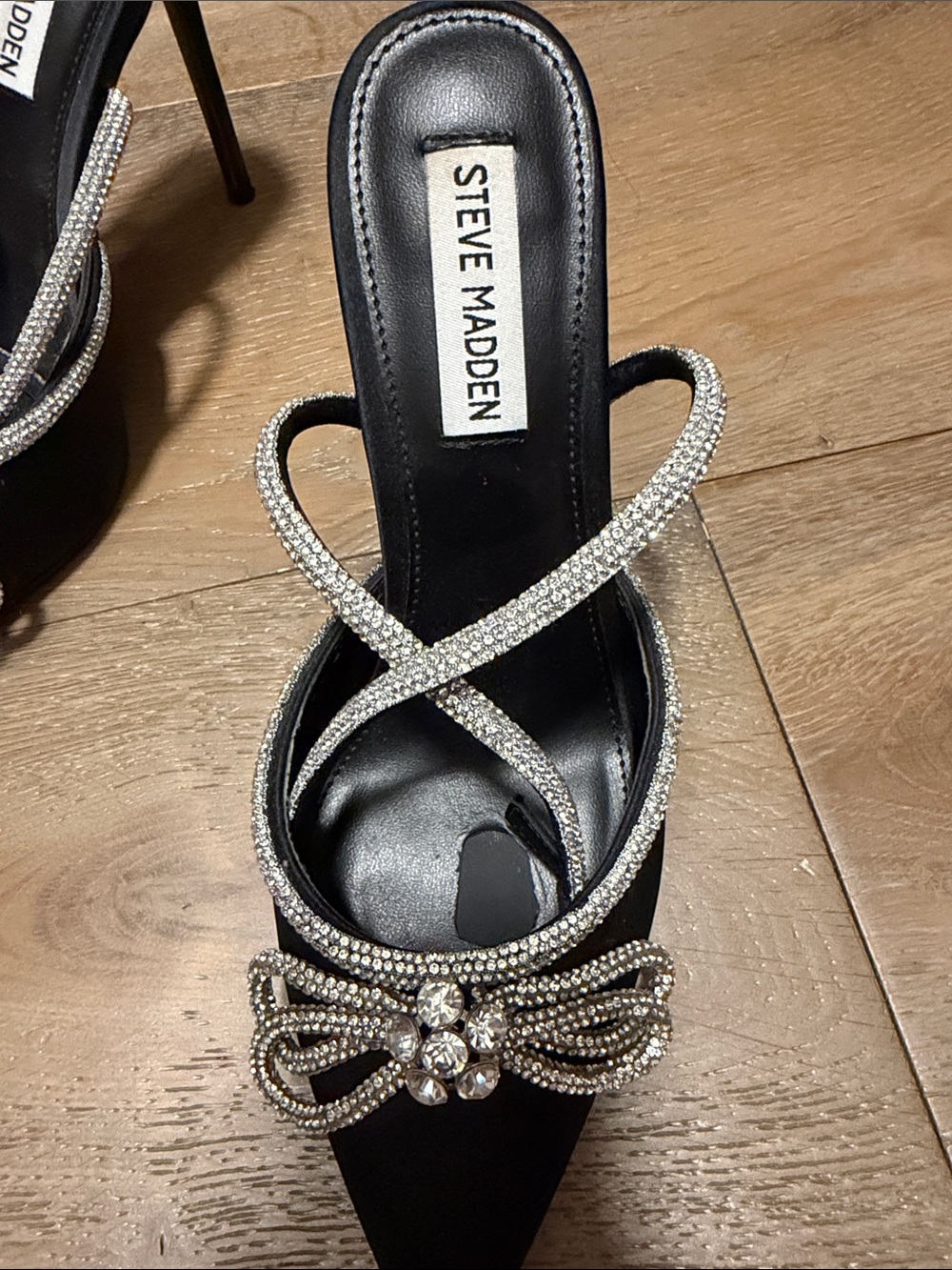 Steve Madden Black Satin Mules with Crystal Bow Detail - Picture 4 of 4